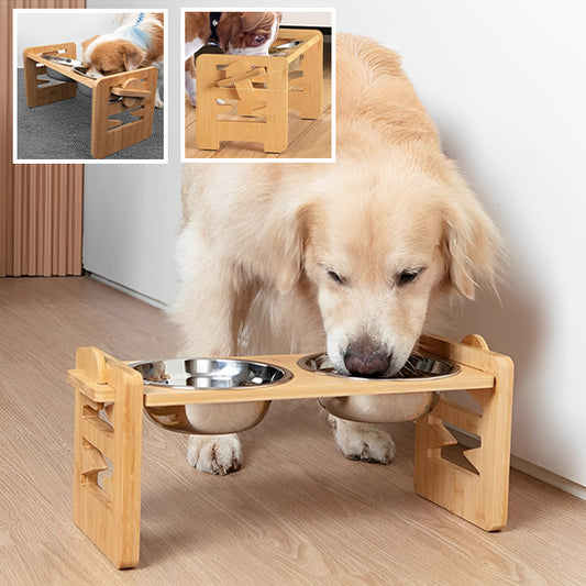 Gamelle en bambou ajustable avec inclinaison pour chien