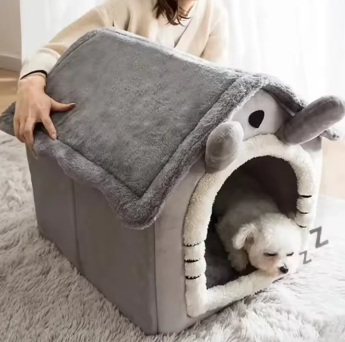 Panier pour chien de type niche, maisonnette, gris